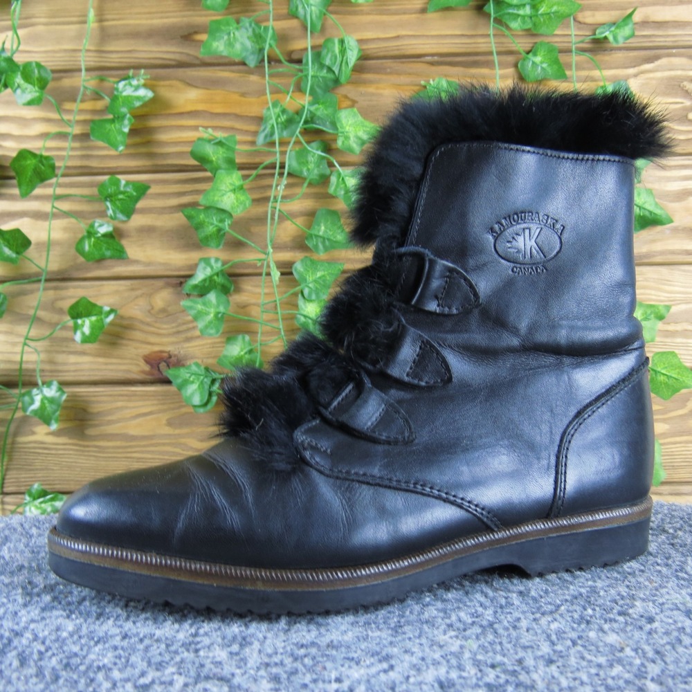 Kamouraska Canada Black Leather Fur Trim Lace Up Winter Boots 7